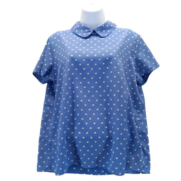 Forever 21 Womens Size M Blue Polka Dot Short Sleeve Peter Pan Collar Blouse Top - Picture 1 of 10